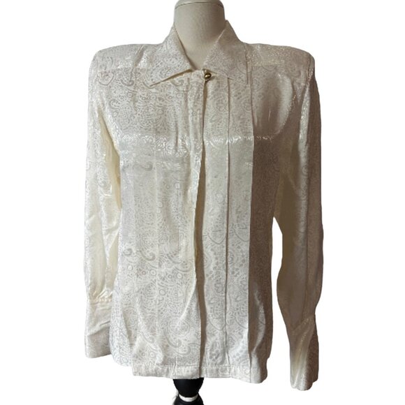 Liz Claiborne Vintage Pleated Front Collared Silky Blouse Sz 8 (Medium) Off Whit - Picture 7 of 16